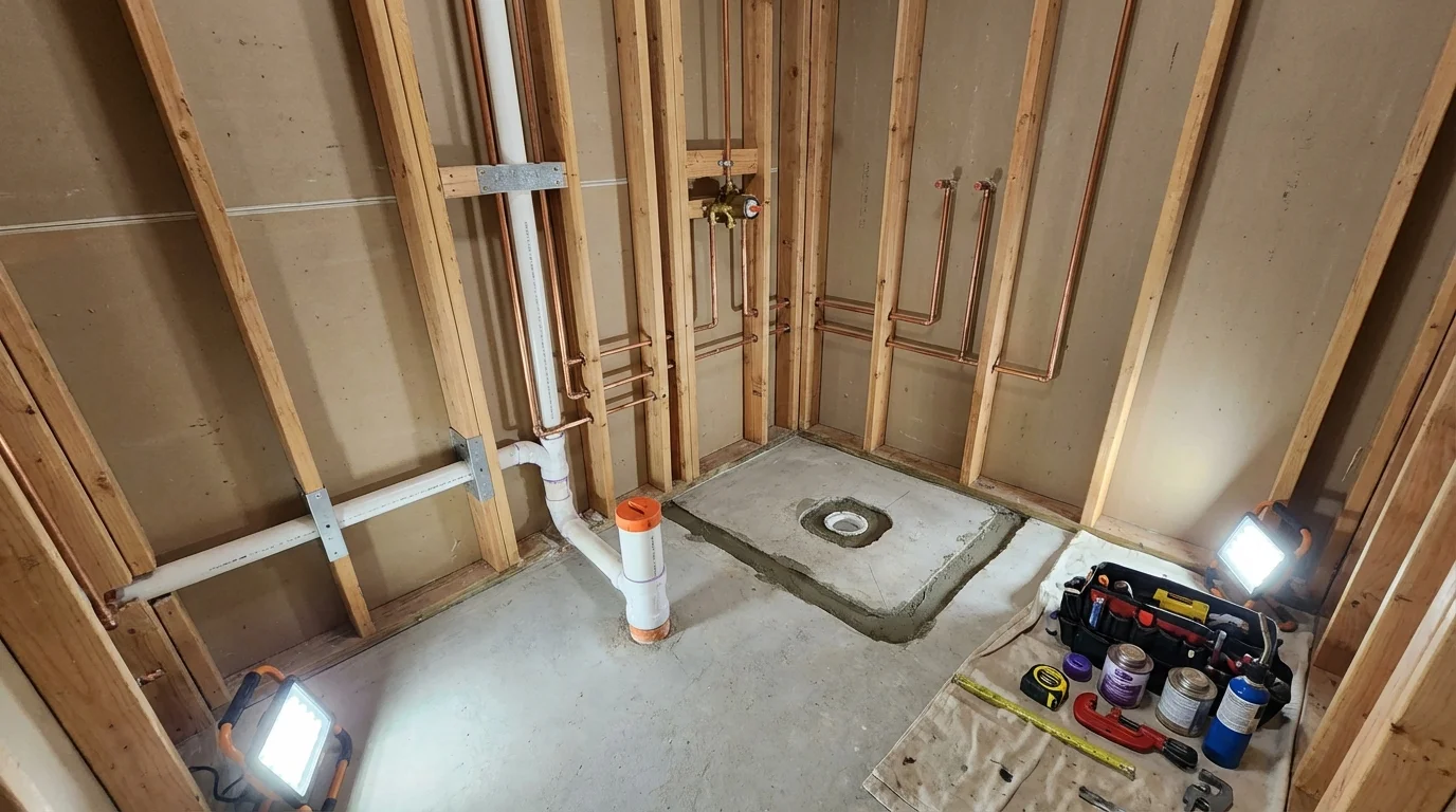 Bathroom rough-in plumbing during remodel by Johns Plumbing LLC in Livingston Manor