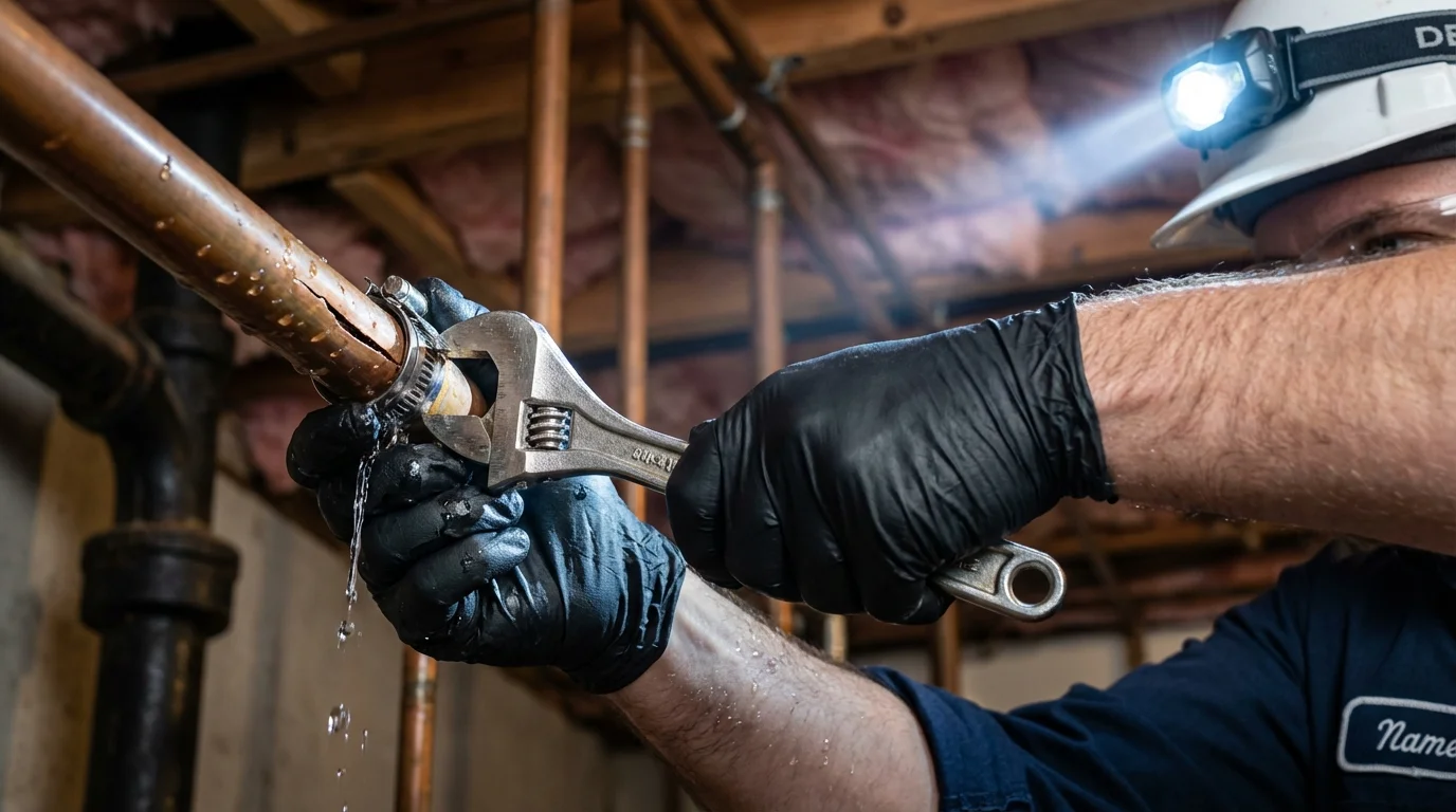 Emergency pipe clamp repair being performed by a Johns Plumbing LLC plumber in Livingston Manor