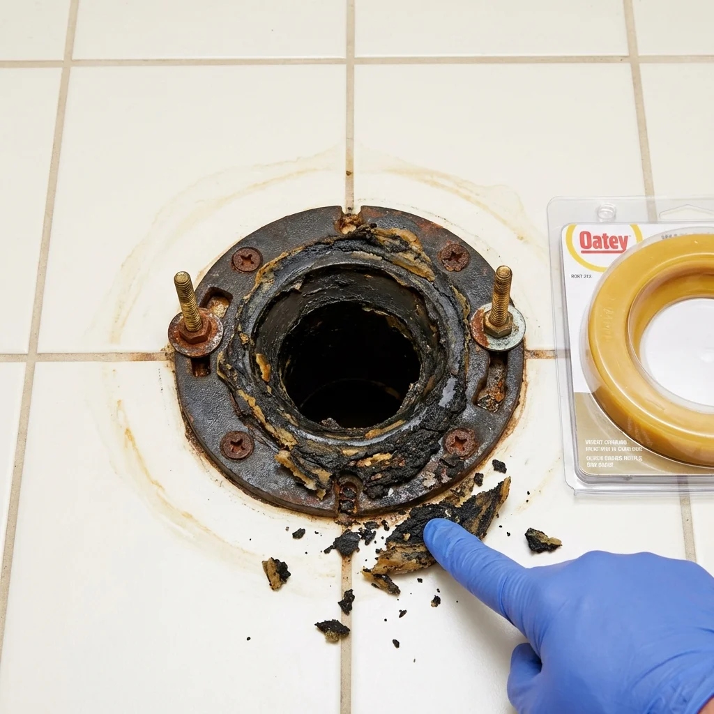 Failed wax ring showing water seepage at the base of a toilet in a Livingston Manor, NY home