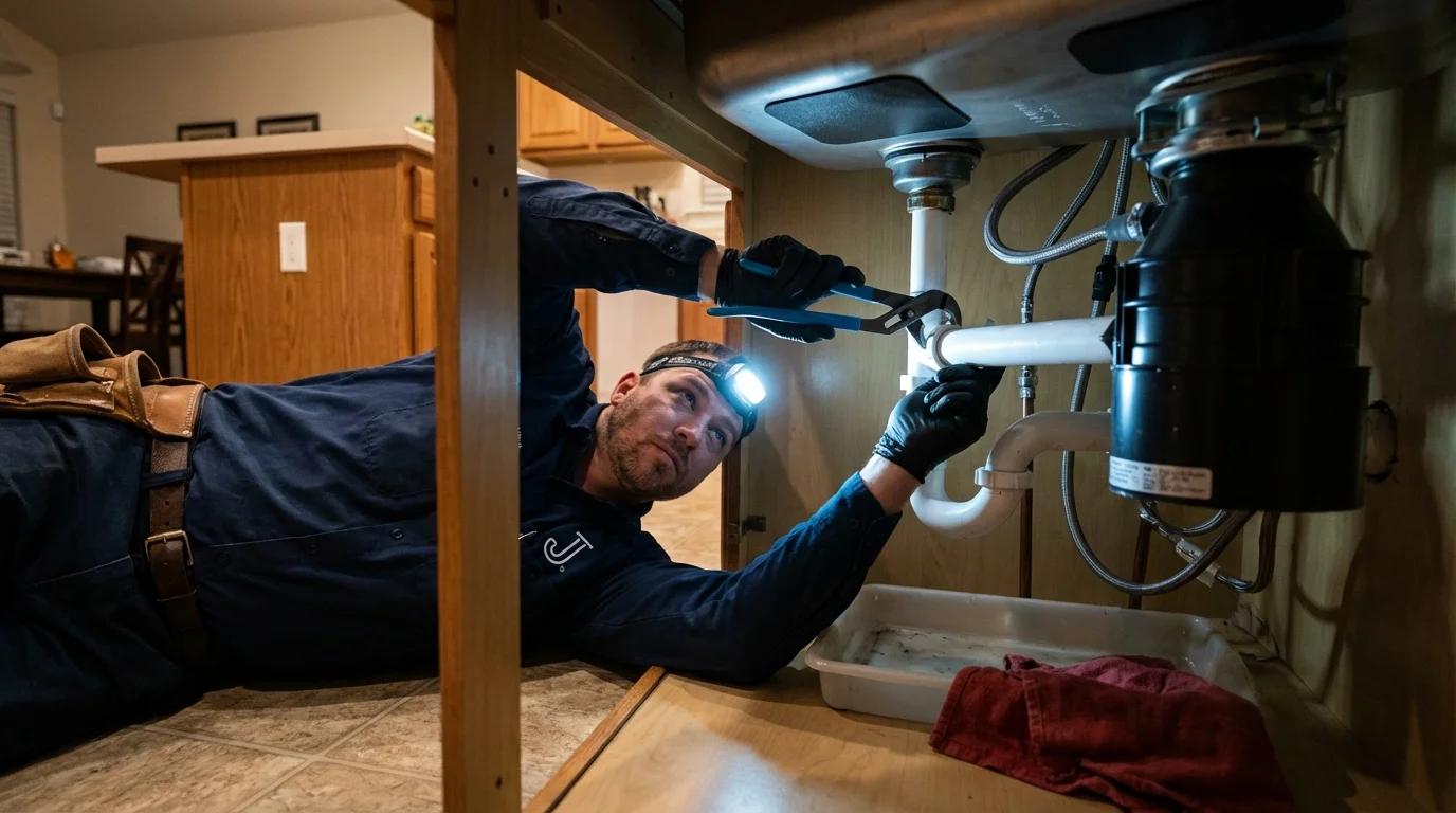 P-trap and supply line connections under a kitchen sink showing a common leak point in Livingston Manor, NY
